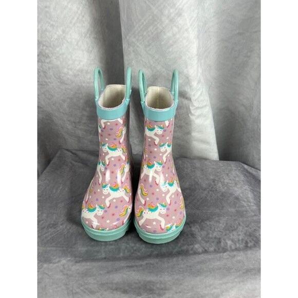 T&W Girls Unicorn Rain Boots Purple Pink Rubber Pull On Round Toe 6 NEW - Picture 2 of 6